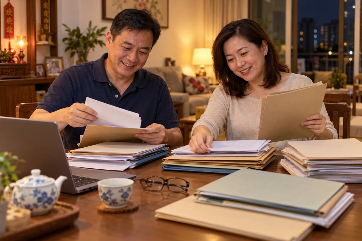 Couple sorting through old insurance policy folders at home