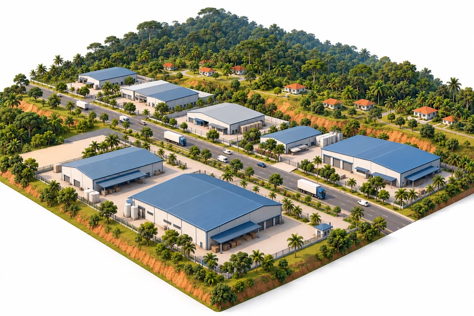 Illustration of a northern township industrial area on hilly land