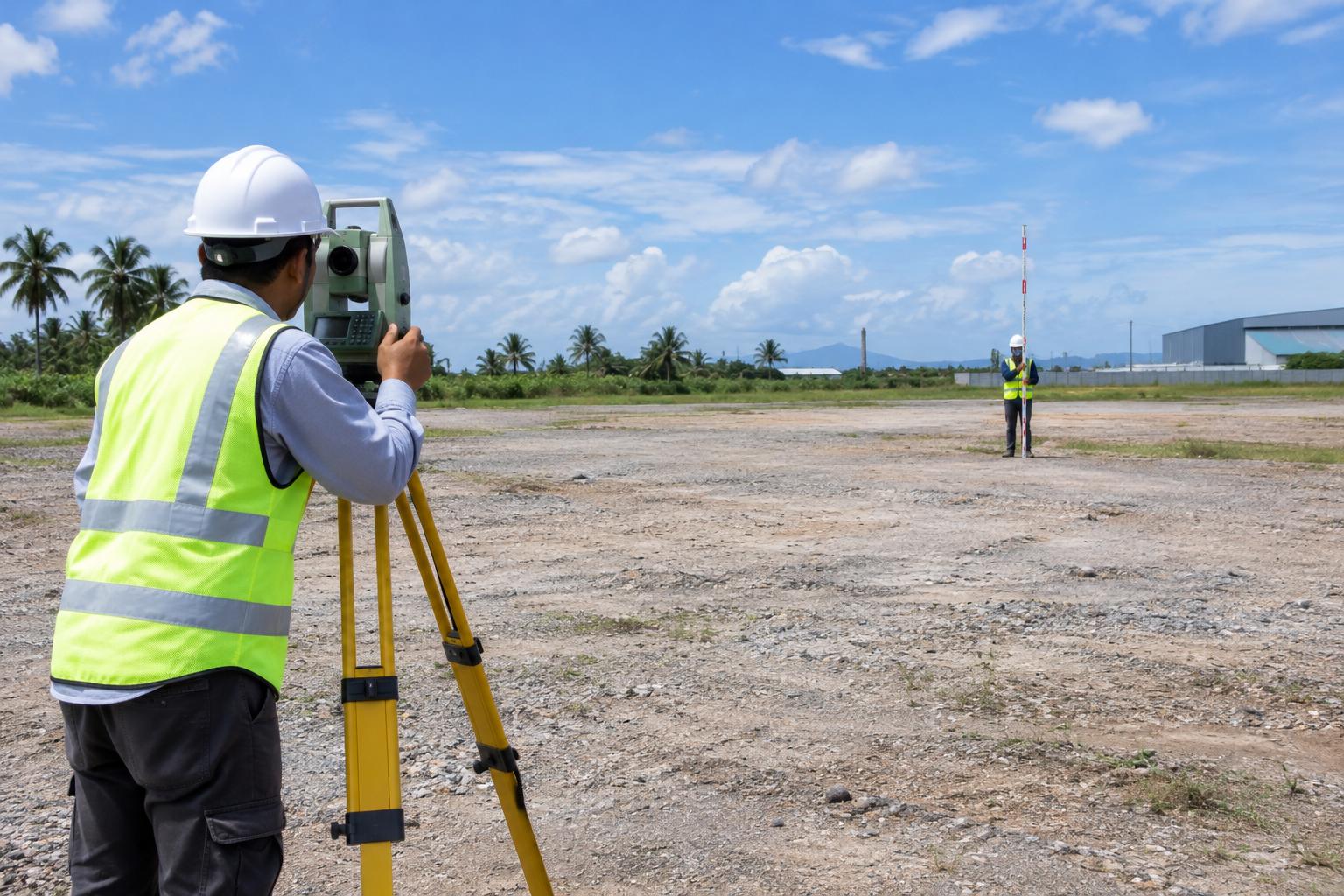 Land surveyor with a total station on a vacant industrial plot