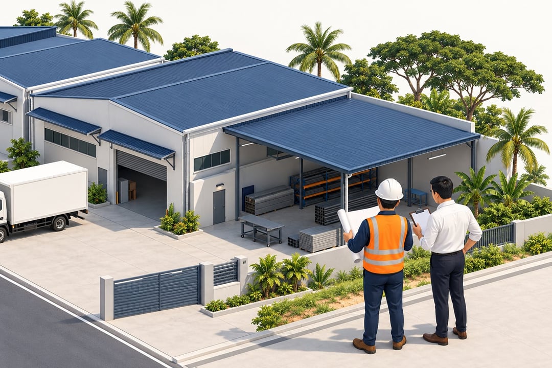 An engineer and a factory owner inspecting a roofed rear extension added to a factory
