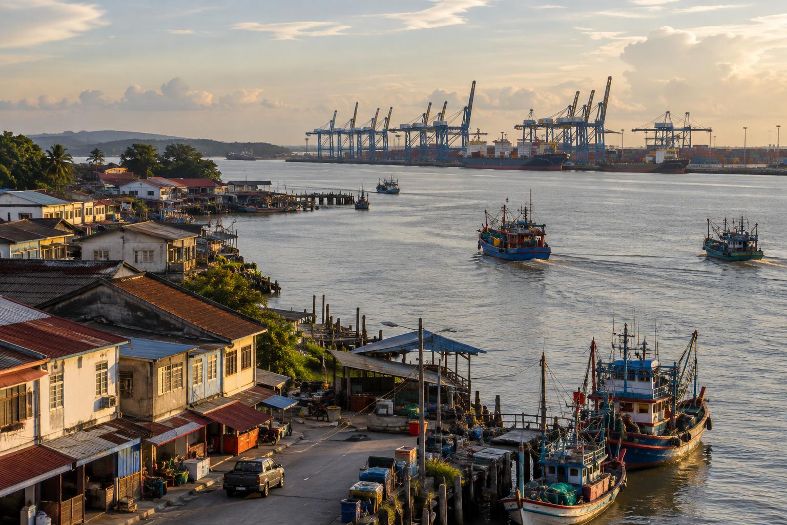 Port town on a river estuary with container cranes in the distance
