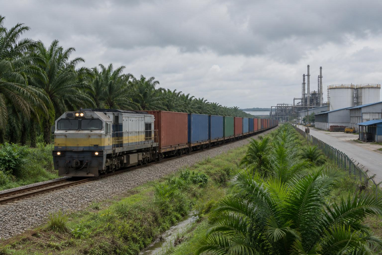 Container freight train running past an industrial area