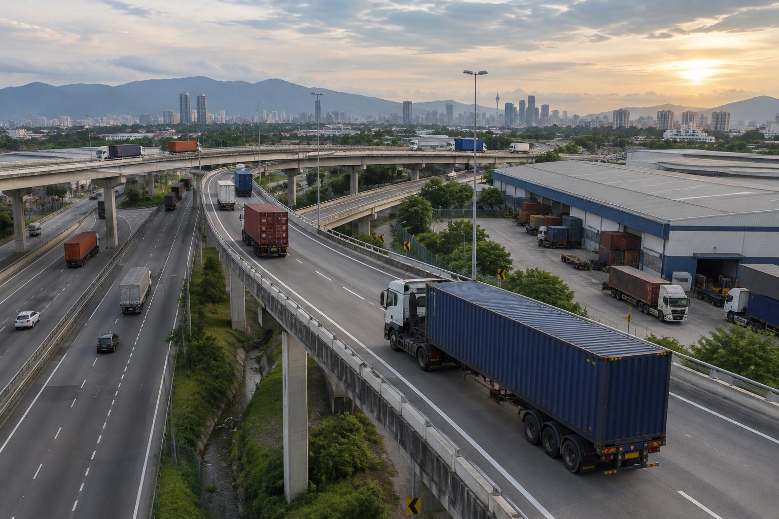 Highway interchange with container trucks and warehouses alongside