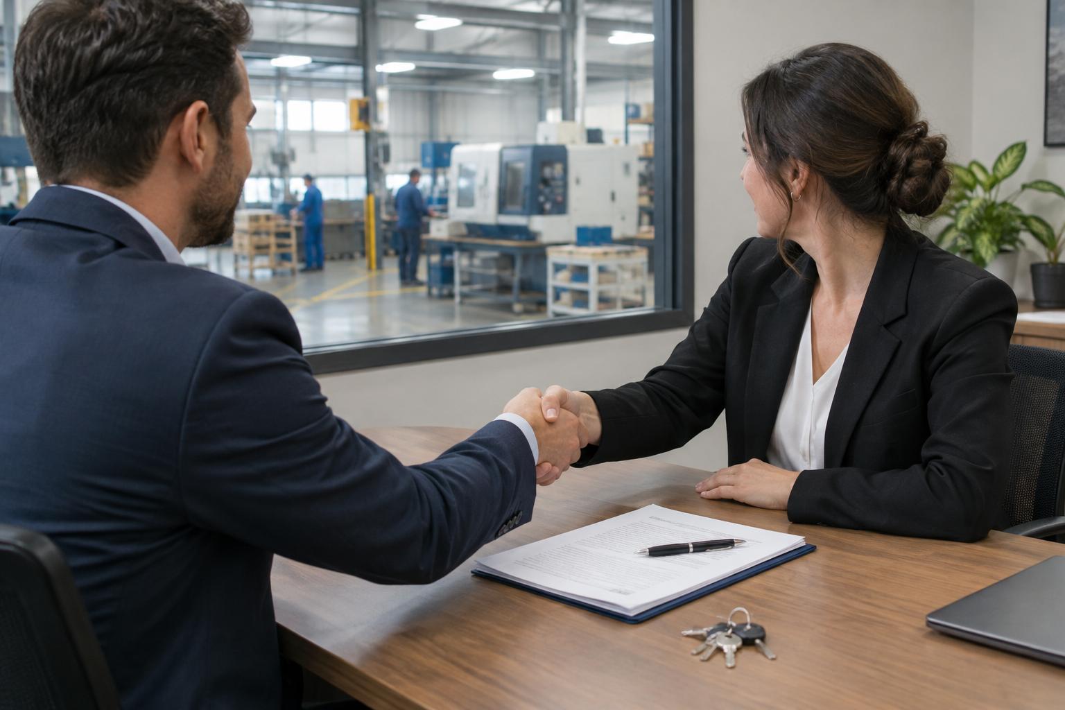 Landlord and tenant shaking hands over a tenancy agreement and keys