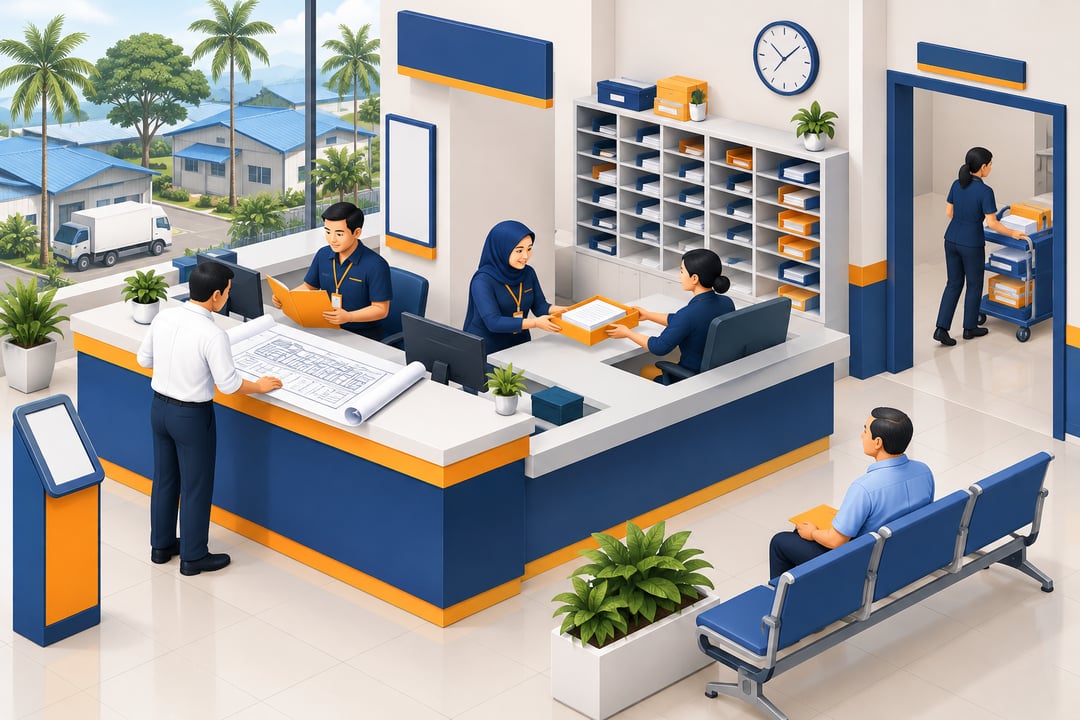 Pegawai majlis menyemak pelan bangunan di kaunter sementara pemilik kilang menunggu untuk menyerahkan permohonan.