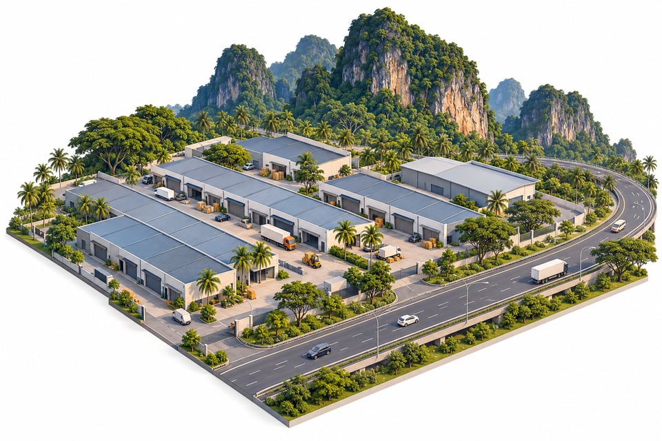 Illustration of terrace factories at the foot of limestone hills