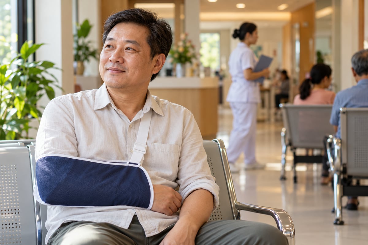 A Malaysian worker with his arm in a sling waits calmly at a clinic in Selangor