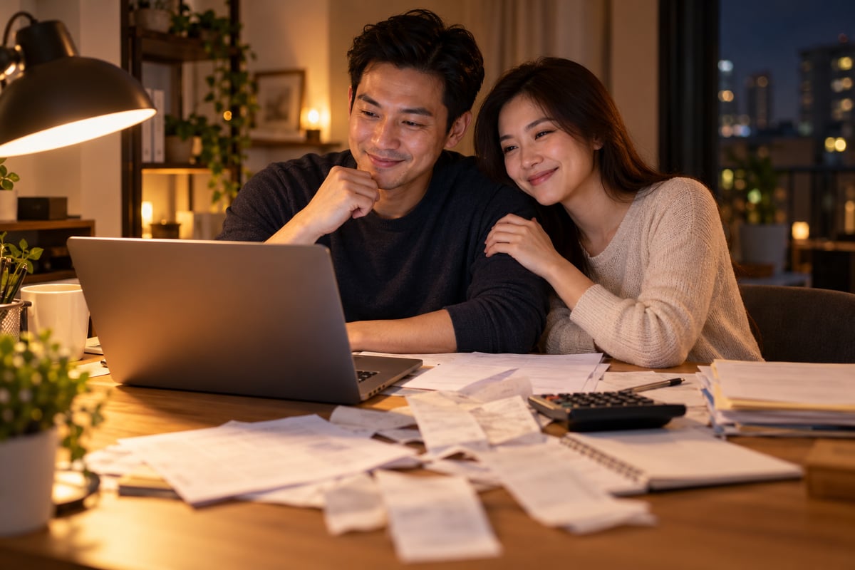 Couple filing their income tax with insurance statements on the desk