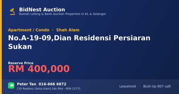 Apartmen / Kondo · No. A-19-09, Dian Residensi Persiaran Sukan