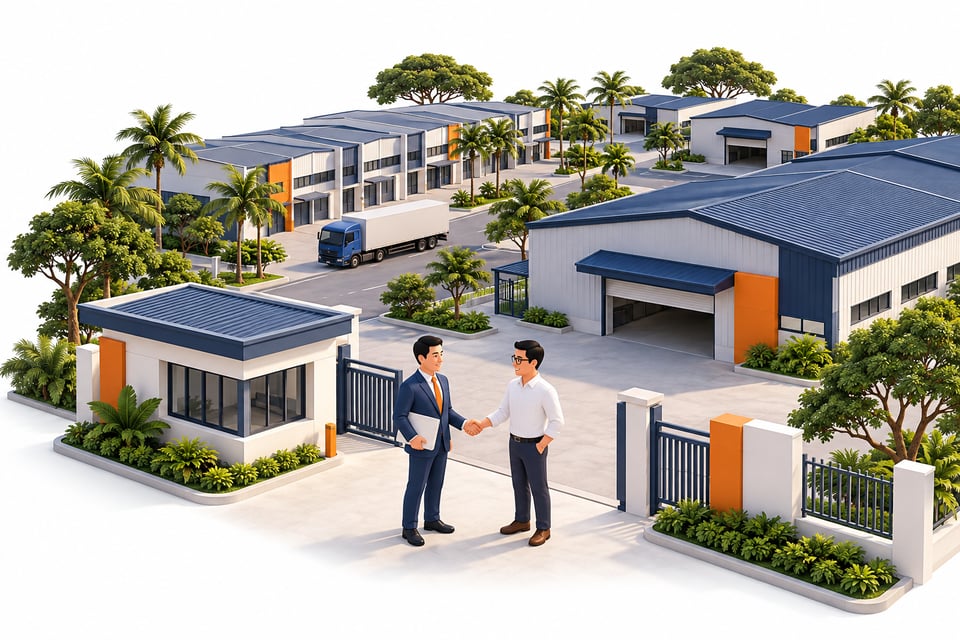 An industrial property agent meets a buyer at a factory gate