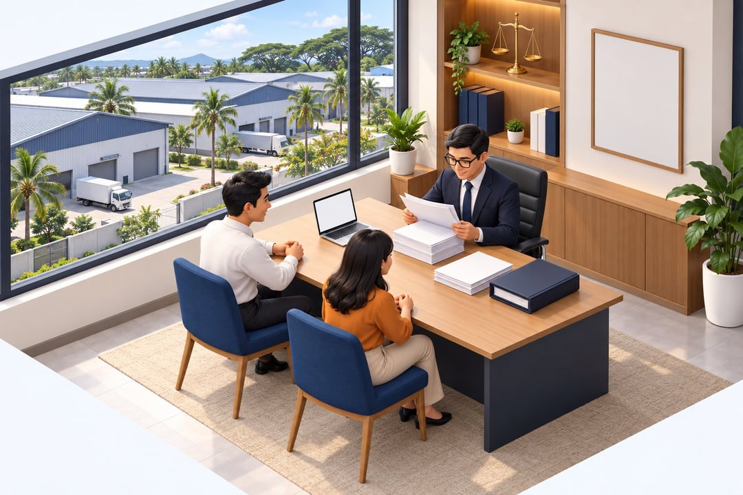 A lawyer reviews sale documents with a factory buyer and seller before the agreement is signed.
