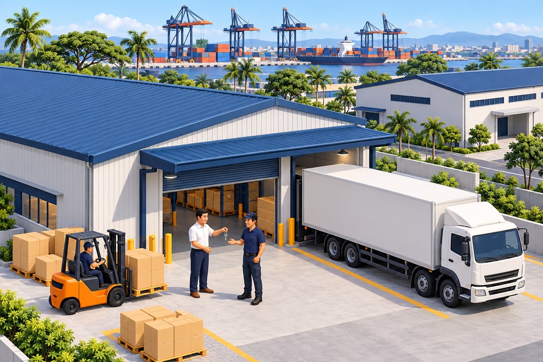 A warehouse owner hands keys to a logistics tenant while a lorry loads goods at the bay.