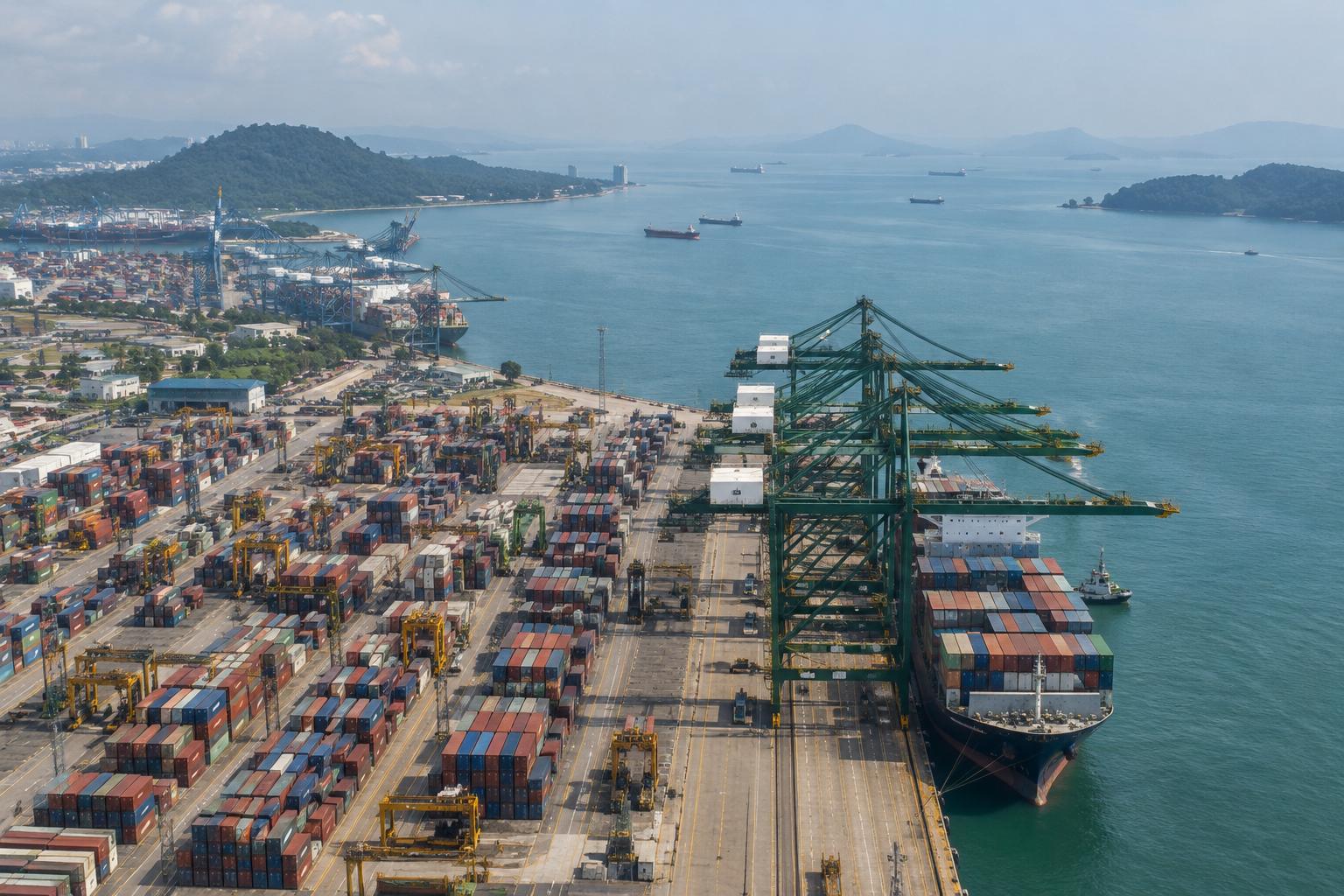 Terminal kontena seperti Pelabuhan Barat di Selat Melaka, dengan kren gantri dan kapal berlabuh