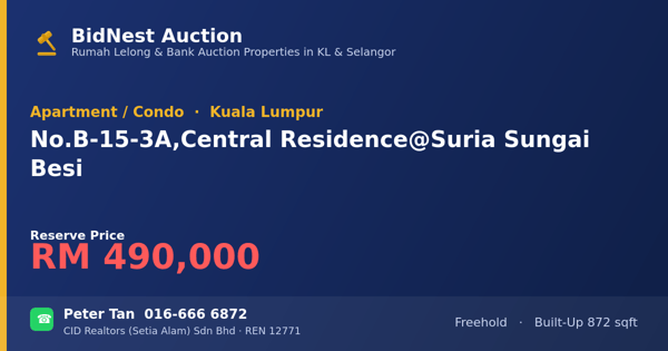 Apartmen / Kondo · No. B-15-3A, Central Residence @ Suria Sungai Besi