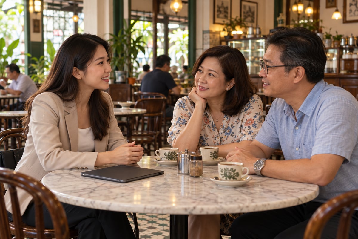 A young insurance advisor listening to a couple at a kopitiam