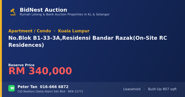 Apartment / Condo · No. Blok B1-33-3A, Residensi Bandar Razak ( On-Site RC Residences)