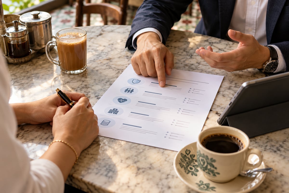 Insurance advisor going through a policy summary with a client