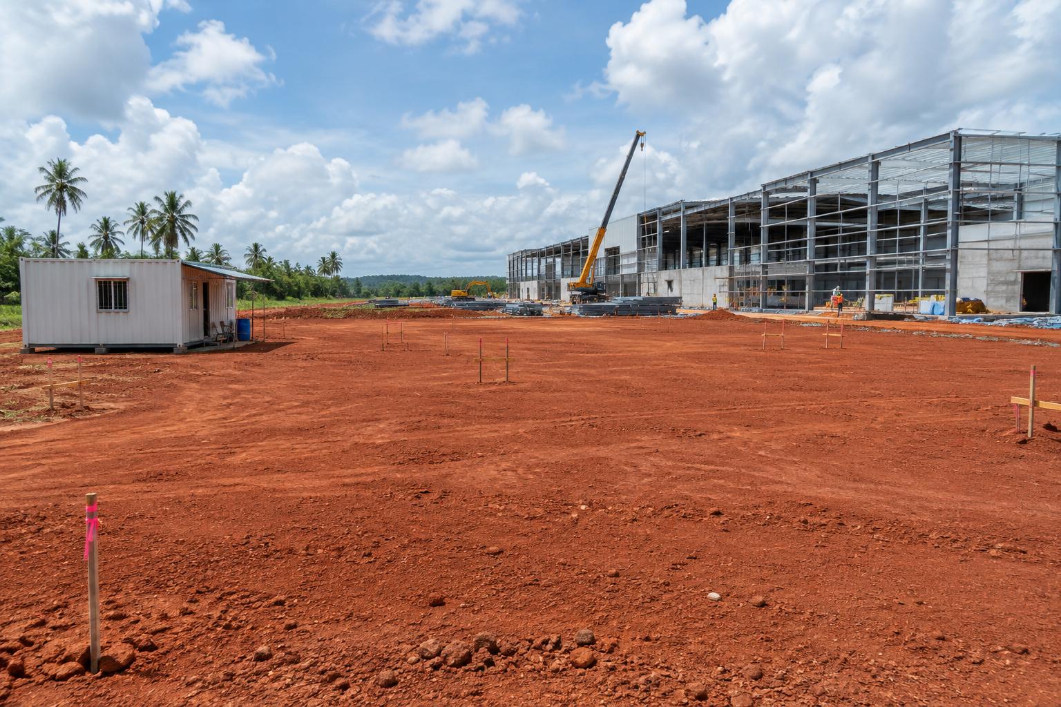 Cleared industrial plot with survey pegs and a factory under construction next door