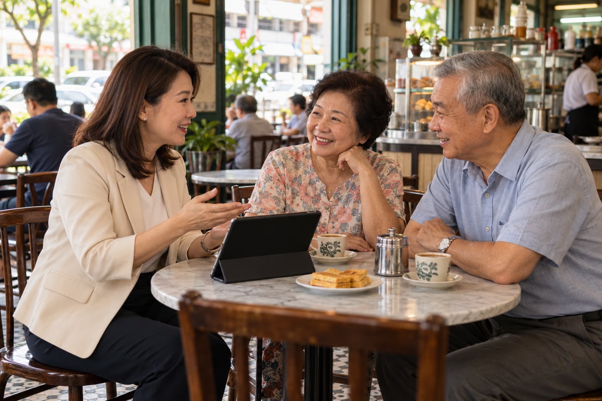 A Malaysian advisor chats with a retired couple over kopi at a Selangor cafe