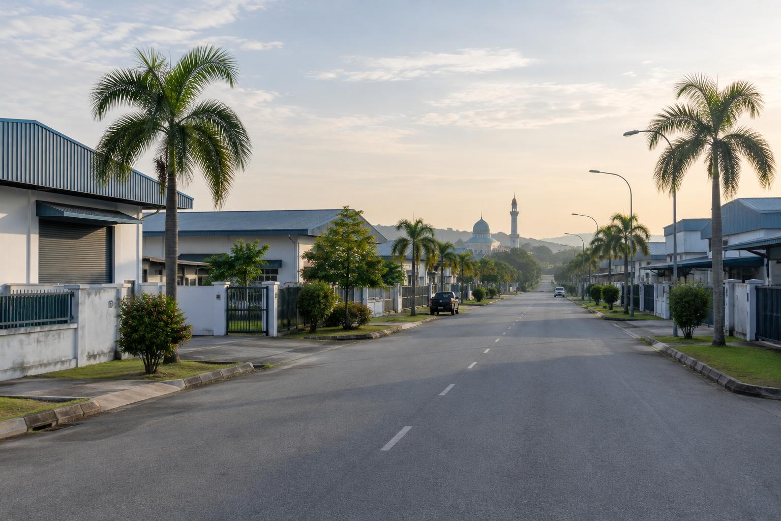 Suburban industrial estate with detached factories and a wide road