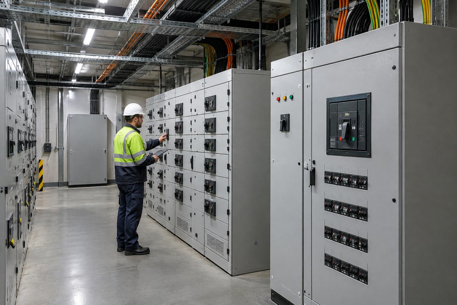 Electrician checking switchboards in a factory switch room