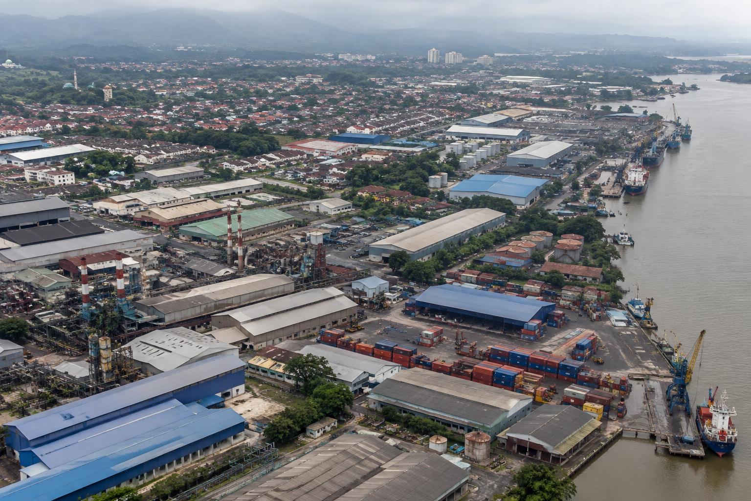 Aerial view of an older mainland industrial area by a river