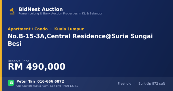 Apartmen / Kondo · No. B-15-3A, Central Residence @ Suria Sungai Besi