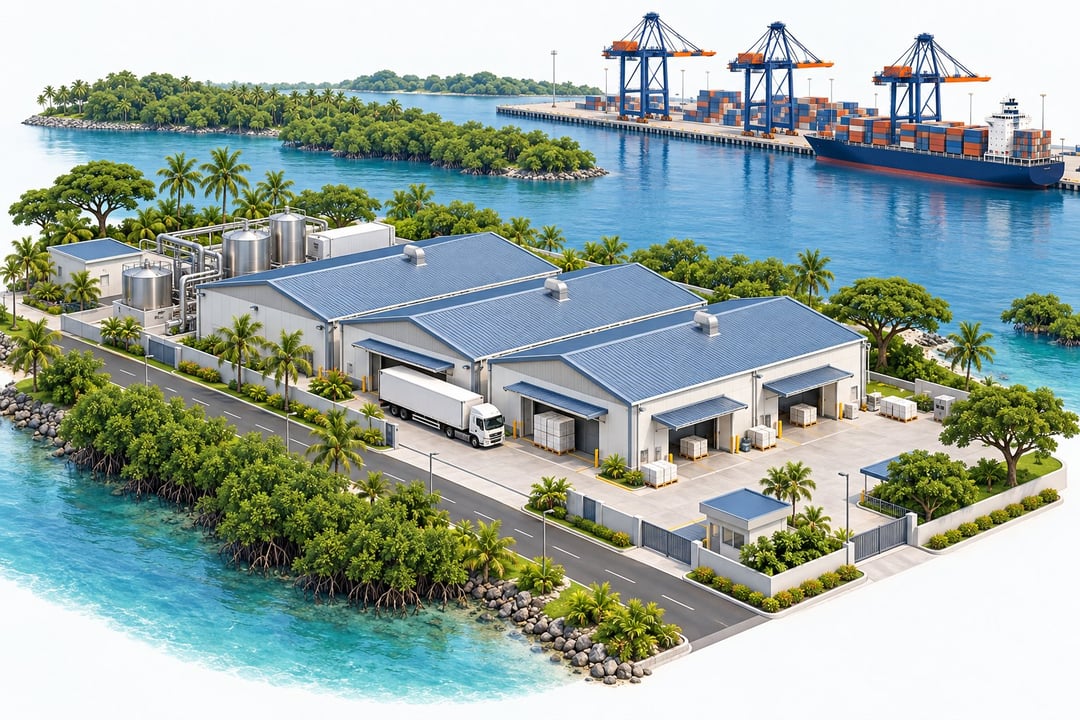 Food factories on an island park with a refrigerated truck and port cranes behind