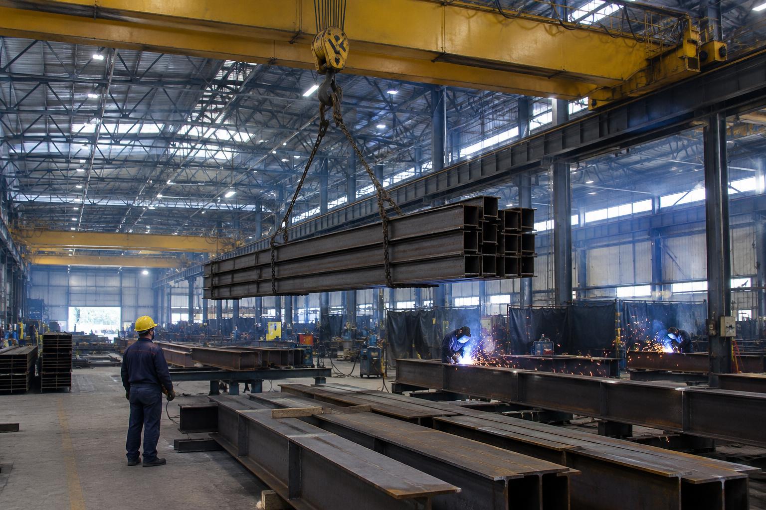Heavy industry steel fabrication hall with an overhead crane