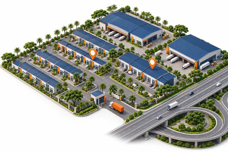 An industrial park with terrace and detached factories beside a highway interchange