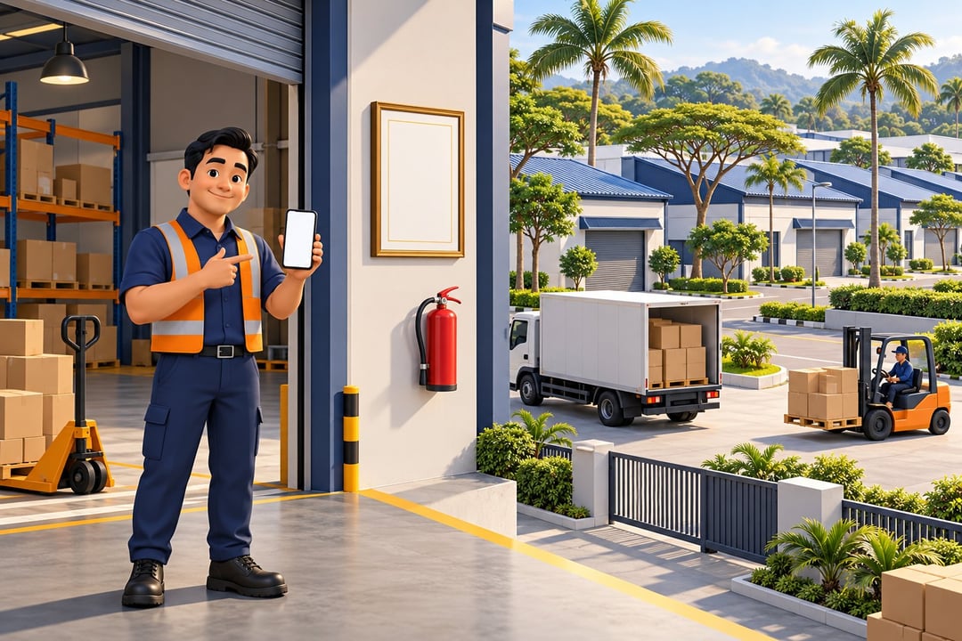 Warehouse manager renewing the yearly licence on a phone beside a displayed certificate