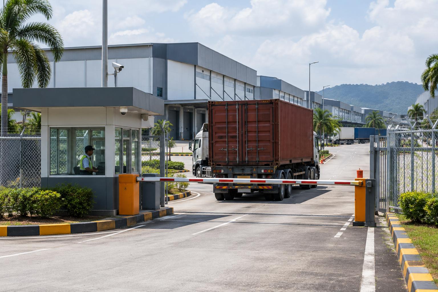 Pintu zon bebas dengan pondok pengawal dan lori kontena