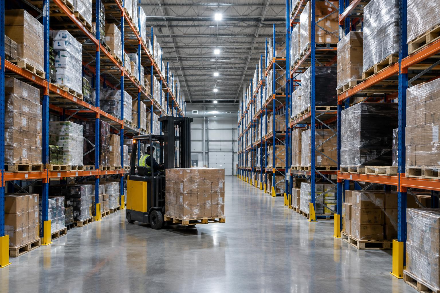 Bahagian dalam gudang dengan rak palet tinggi dan forklift