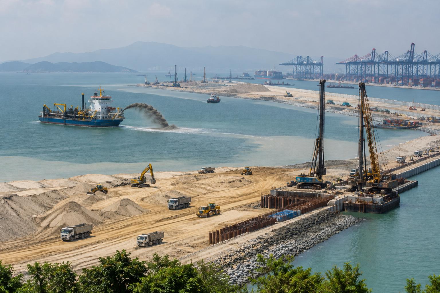 Coastal land reclamation and quay construction for a new container terminal