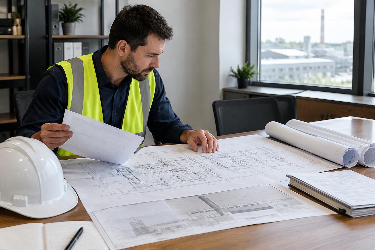 Engineer reviewing factory building plans and approval documents