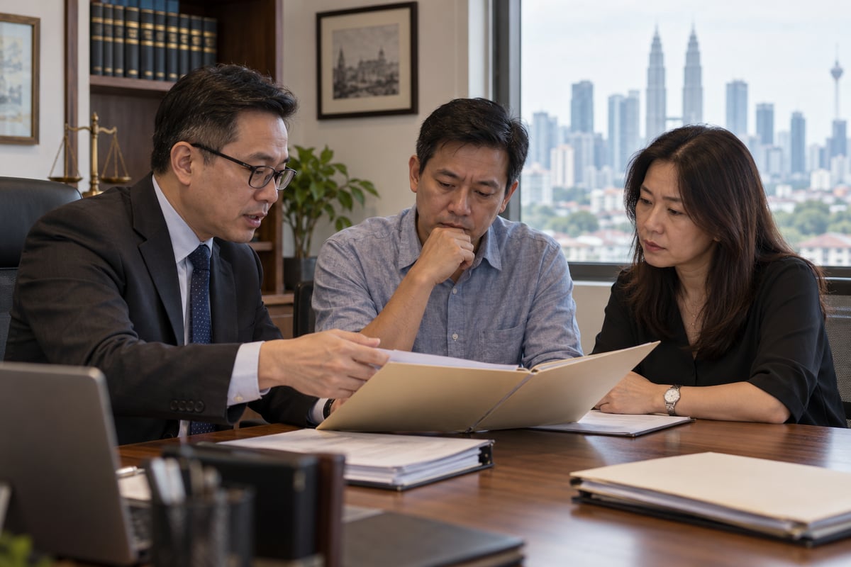 Two siblings going through estate documents with a lawyer