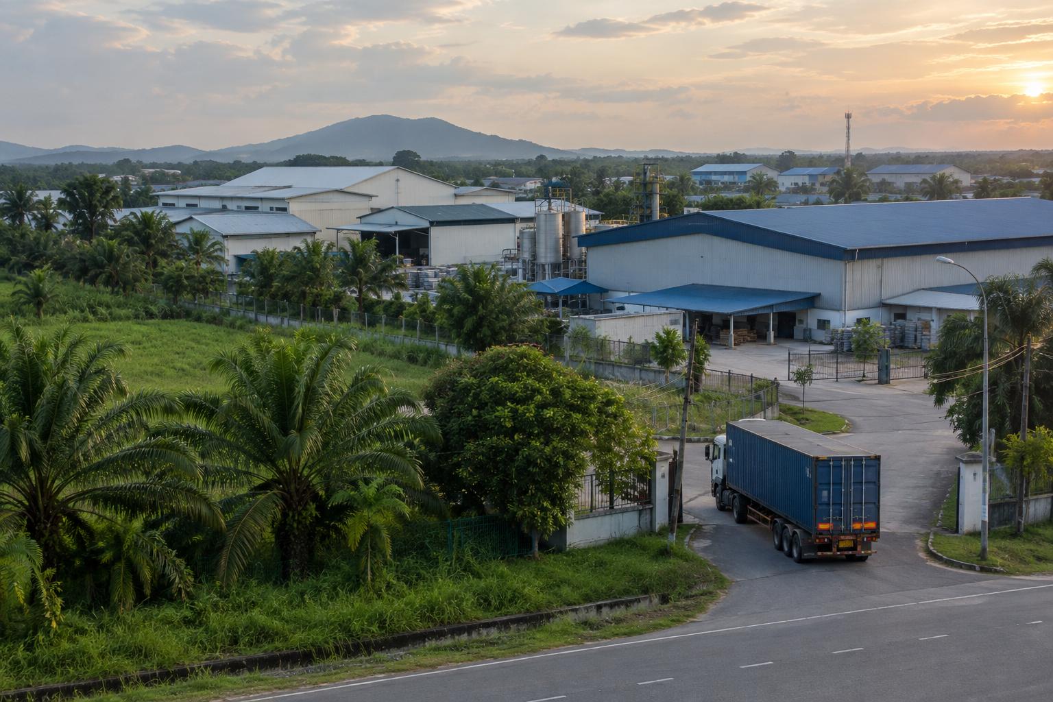 Medium-sized factories surrounded by green fields and palm trees
