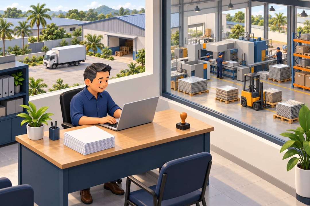 Factory owner applying for a council licence on a laptop in the factory office