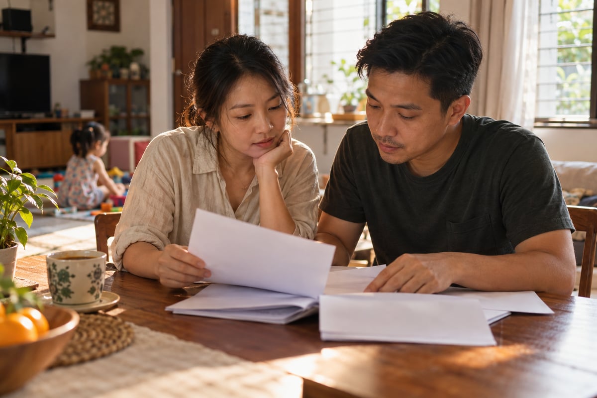 A Malaysian couple reviews household papers at their dining table in the morning