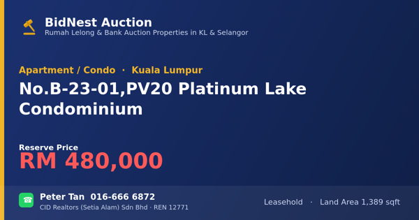Apartmen / Kondo · No. B-23-01, PV20 Platinum Lake Condominium