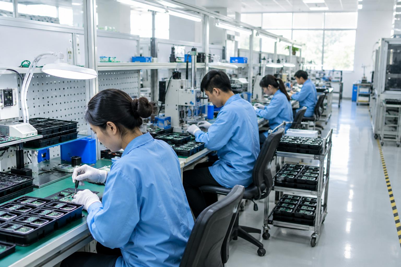 Light-industry workshop with workers assembling electronics