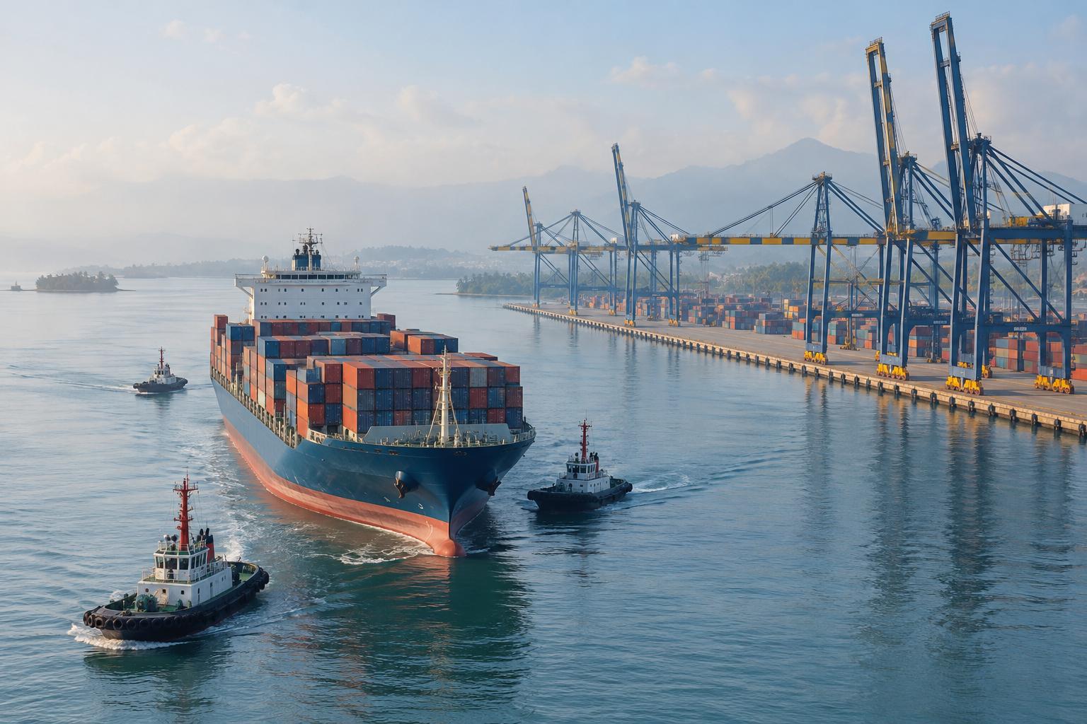 Container ship guided by tugboats towards a terminal berth