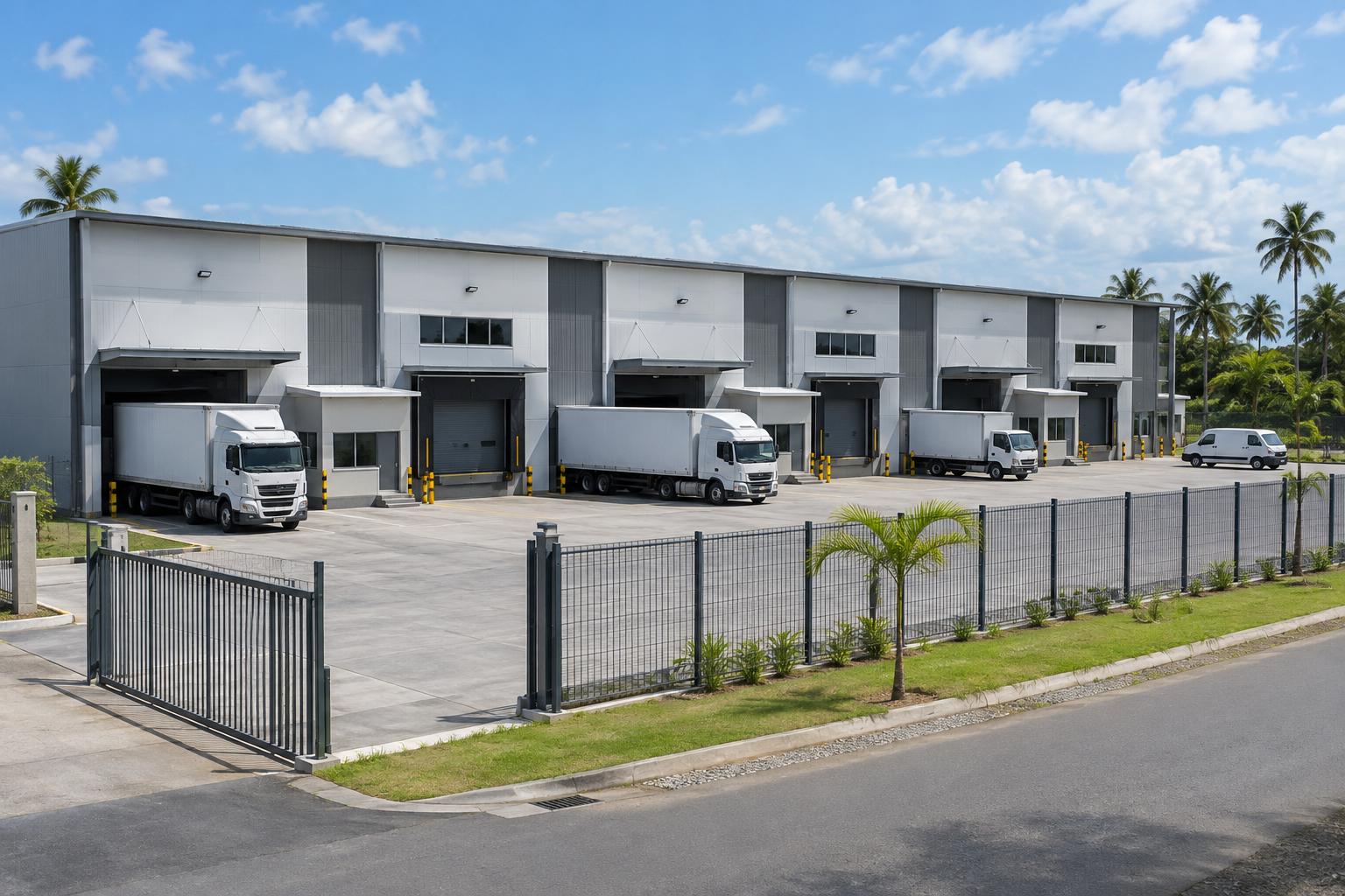 Blok gudang logistik berbilang penyewa dengan pintu dok