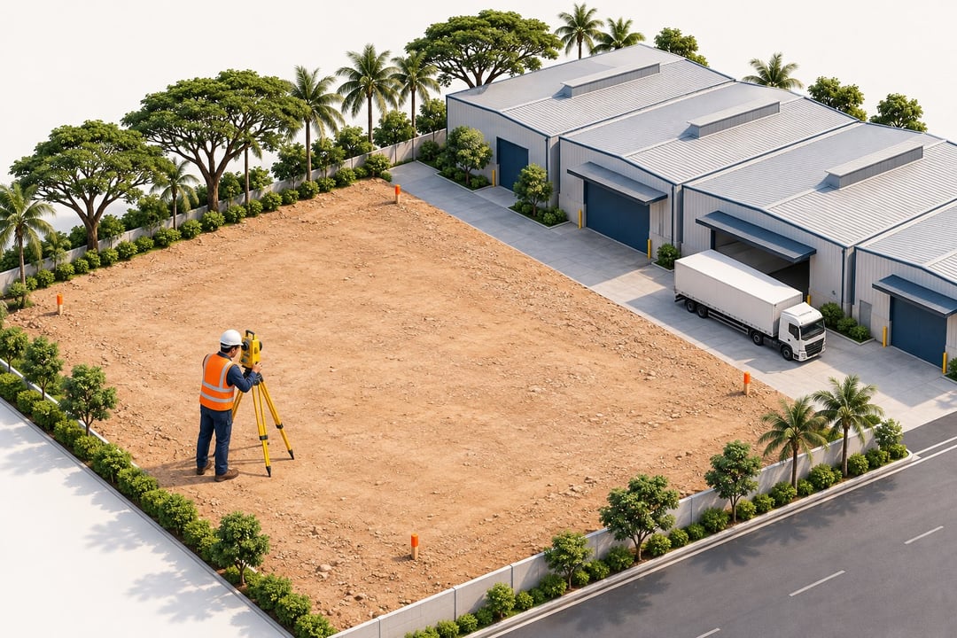 A surveyor measures a vacant industrial plot beside finished warehouses with a lorry at the dock