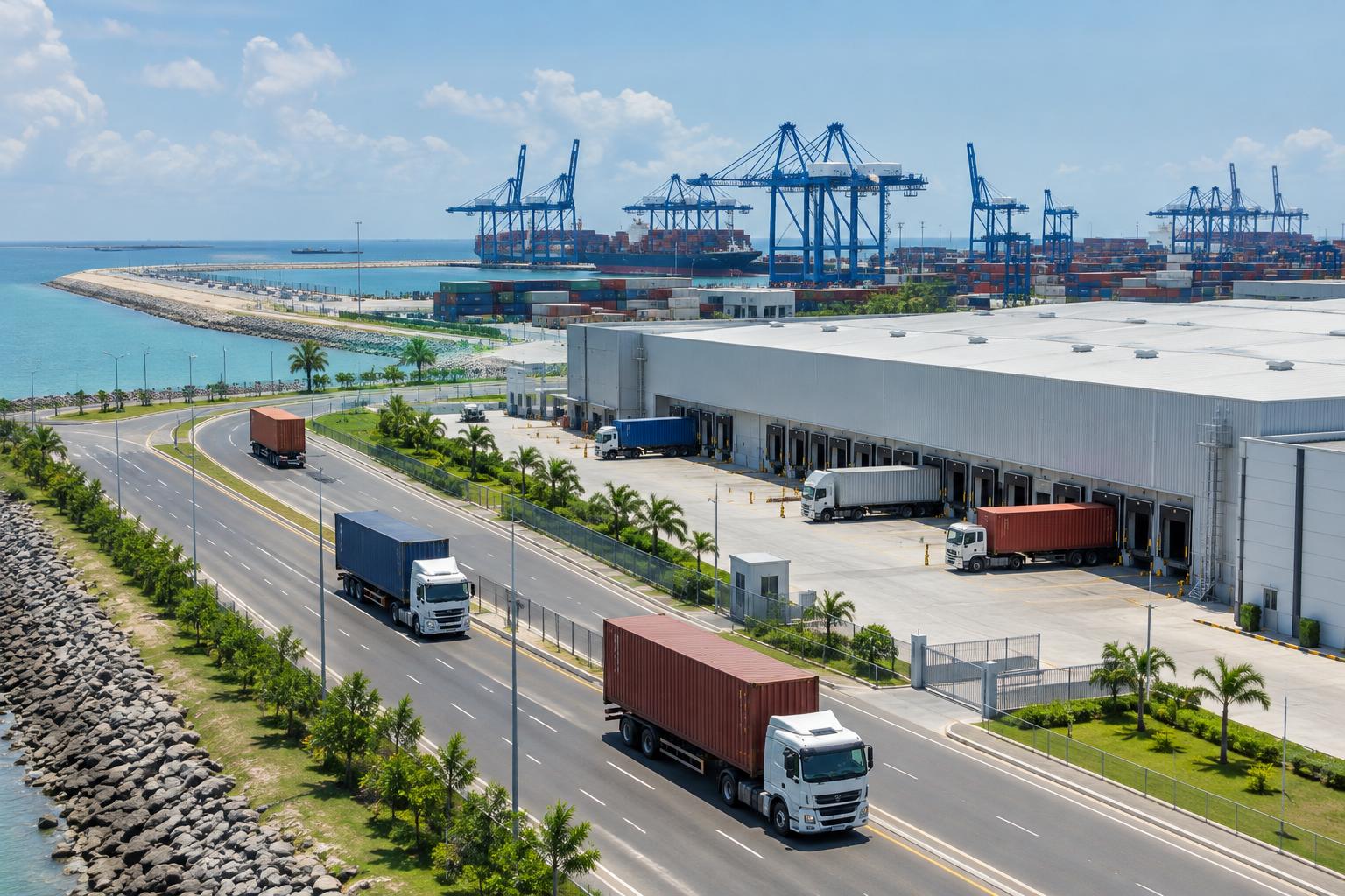 Logistics warehouses on reclaimed land next to a container port