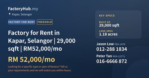 Factory For Rent - Factory for Rent in Kapar, Selangor | 29,000 sqft | RM52,000/mo - Kapar, Selangor