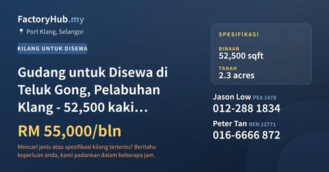 Kilang Untuk Disewa - Gudang untuk Disewa di Teluk Gong, Pelabuhan Klang - 52,500 kaki persegi - Port Klang, Selangor