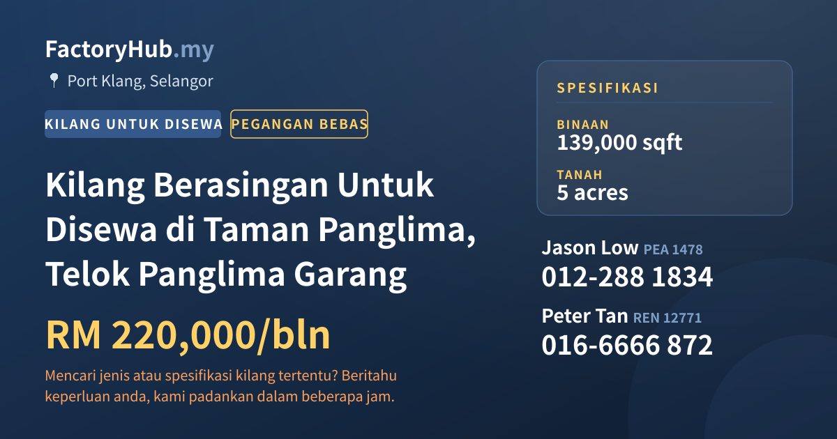 Kilang Untuk Disewa - Kilang Berasingan Untuk Disewa di Taman Panglima, Telok Panglima Garang - Port Klang, Selangor
