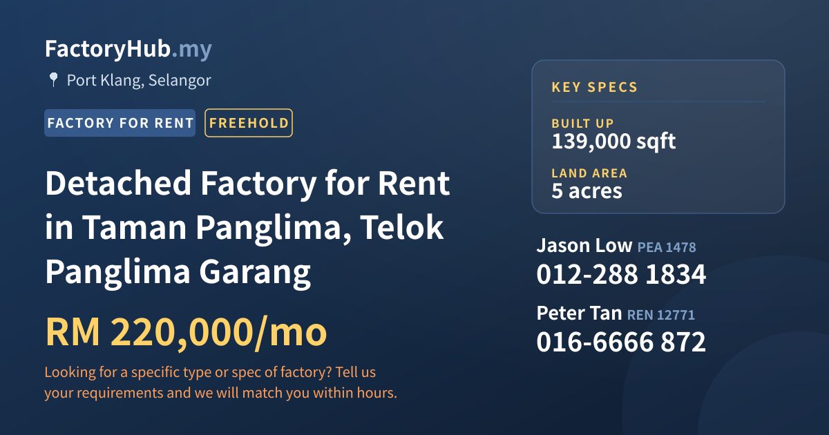 Factory For Rent - Detached Factory for Rent in Taman Panglima, Telok Panglima Garang - Port Klang, Selangor