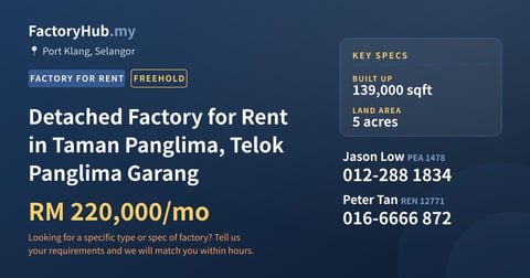 Factory For Rent - Detached Factory for Rent in Taman Panglima, Telok Panglima Garang - Port Klang, Selangor